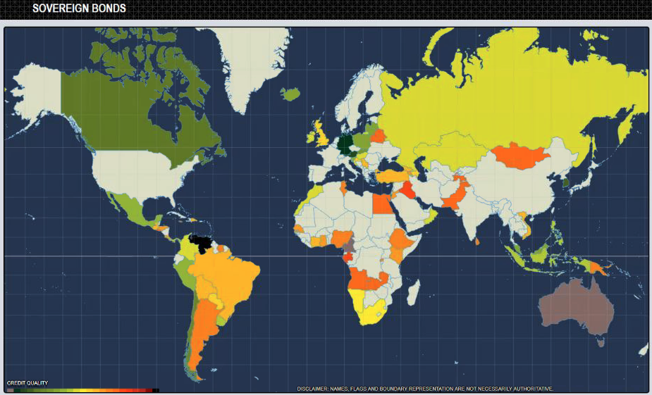 World map showing sovereign bond credit quality by country