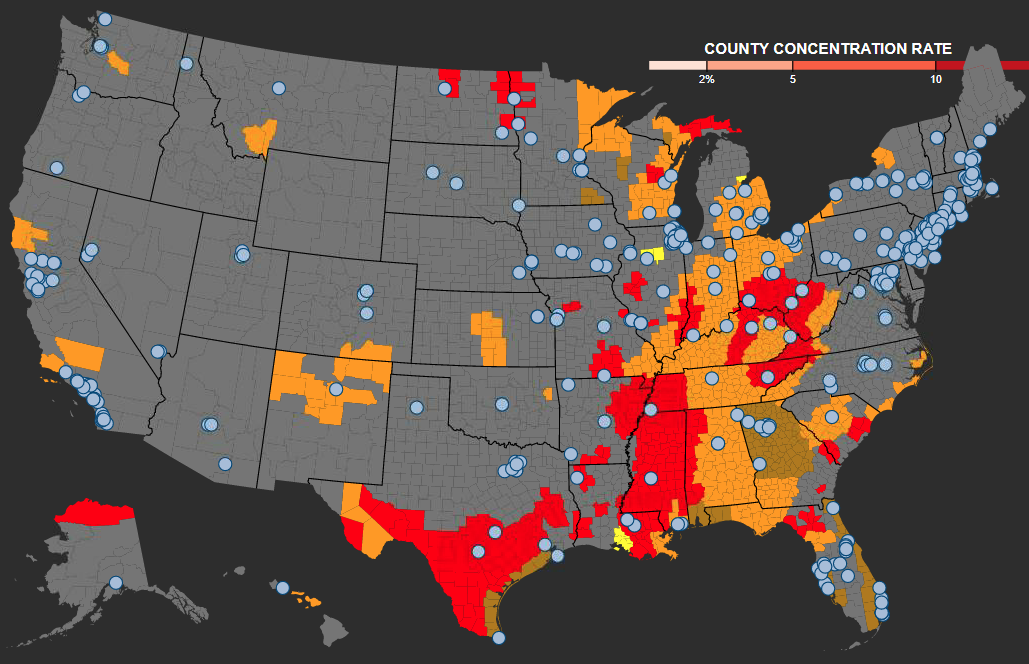 United States county-level concentration map with color-coded risk concentrations and location markers